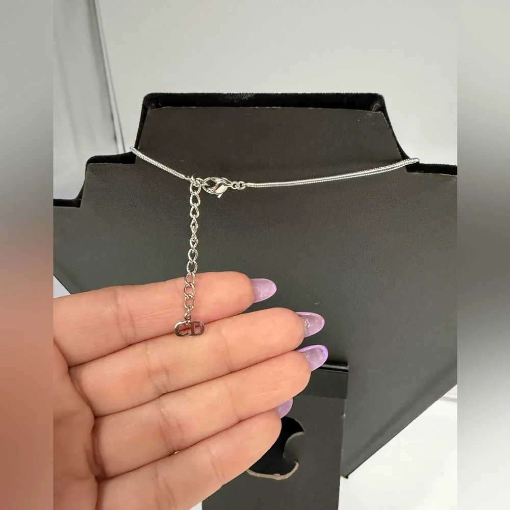 Christian Dior Silver DIOR Logo Bar Pendant Necklace Snake Chain CD Charm - Picture 4 of 6